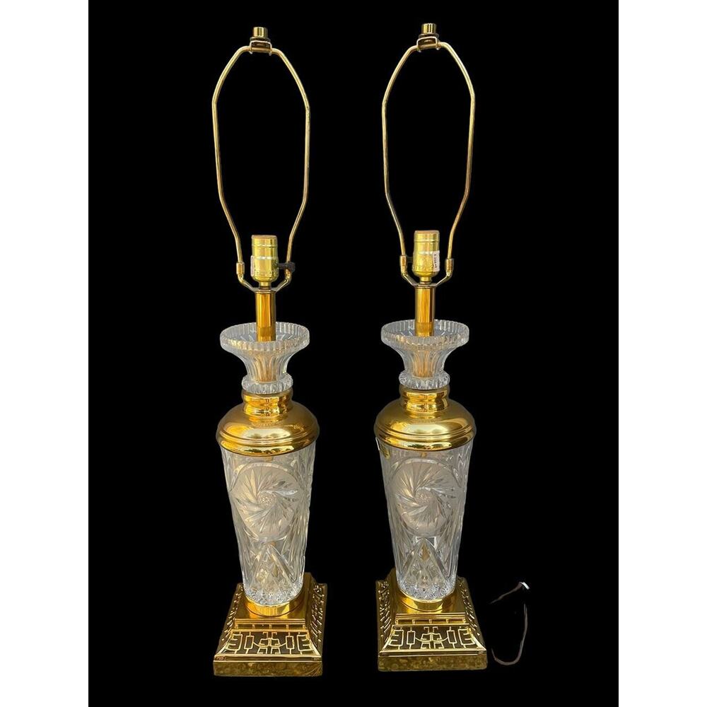 Pair Ainsley Crystal & Brass Hollywood Regency Lamps Elegant